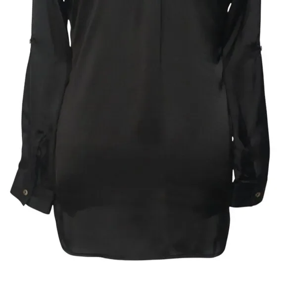 Womens Silky Satin Shirt Black Blouse Button Up Casual Dressy Top Medium Work - Picture 7 of 7